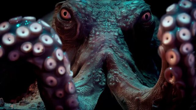 Octopus displays its tentacles in dark underwater setting while looking curiously at the observer during a night dive in the ocean