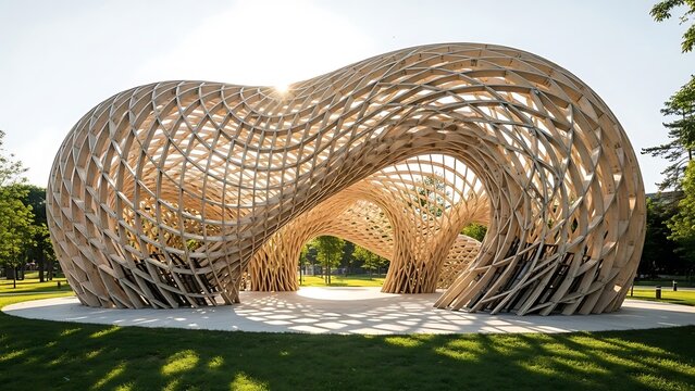 Large architectural wooden pavilion featuring a complex parametric lattice structure that creates intricate patterns while providing a artistic and modern focal point for public park visitors