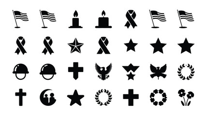 Collection of 30 minimalist logo silhouettes including flags ribbons stars and symbols © Shovon