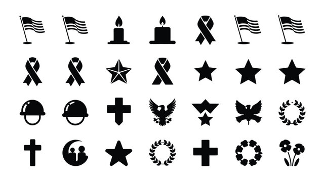 Collection of 30 minimalist logo silhouettes including flags ribbons stars and symbols