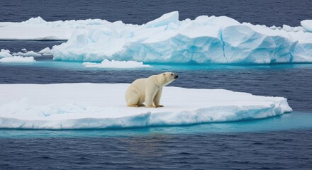 Fototapeta premium A solitary polar bear sits calmly on a large ice floe in the Arctic Ocean. The bear is facing away from the viewer, gazing out at the surrounding icy landscape.