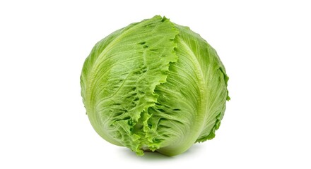 Fototapeta premium A vibrant head of iceberg lettuce sits on a white background. The lettuce has tightly packed, crisp leaves and a slightly bumpy texture.