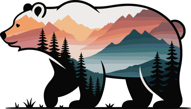 Minimalist bear silhouette with mountain and pine trees line