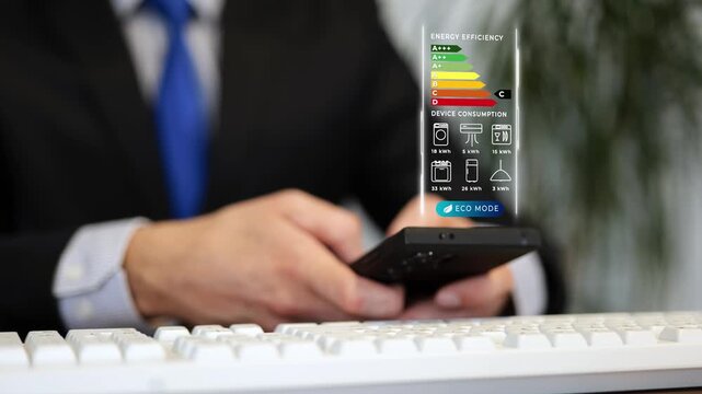Businessman using mobile app to activate eco mode in smart home for energy saving and cost reduction