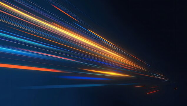 Dynamic streaks of light explode across a dark blue canvas, creating a sense of speed and energy