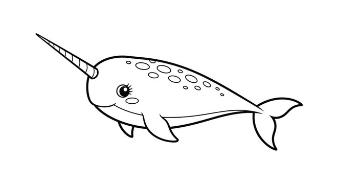 Cute cartoon narwhal with a long tusk and spots on its back swimming in a friendly pose shown as a simple black outline drawing.