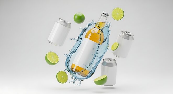 Refreshing Beverage Display - Bottle, Cans, and Citrus Elements in Dynamic Composition.