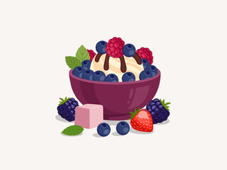 Vanilla Ice Cream Scoop in Purple Bowl topped with Chocolate Sauce and Fresh Blueberries, Vector Illustration. © Akasha Design