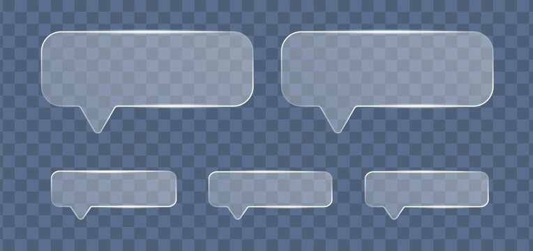 Set of horizontal frosted glass speech bubbles on transparent background, modern glassmorphism chat boxes for website and app ui ux design elements