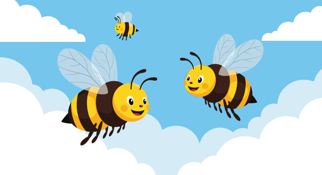 Three happy honey bees with translucent wings fly together among white fluffy clouds in bright blue sunny sky.