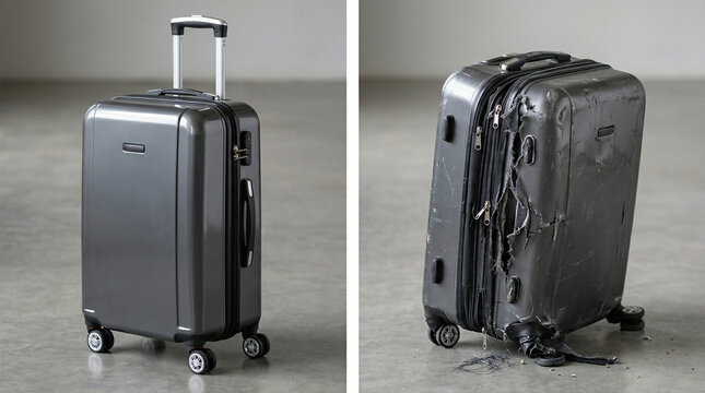 Suitcase before and after damage for insurance claim assessment
