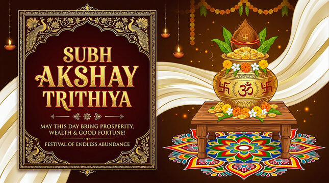 A beautiful Subh Akshay Trithiya banner featuring a golden kalash with Om and Swastik symbols, gold coins, and vibrant rangoli. A perfect traditional design for prosperity and abundance.