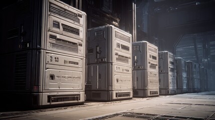 Rows of advanced computing infrastructure and modular storage units creating an expansive, high tech server room environment for data management and digital processing