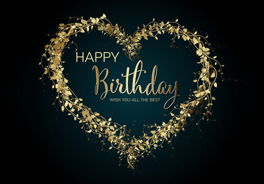 Elegant Happy Birthday Card with Golden Heart Wreath
