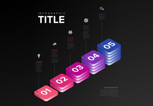 Isometric 3D Business Infographic Chart with Five Steps on Dark Background
