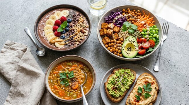A flat lay photograph showcases four vibrant, plant-based bowls of food arranged on a gray concrete surface.