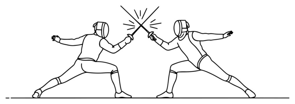 Two fencers engaged in a competitive fencing match line art illustration
