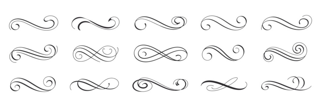 Calligraphy wavy line vector elements set with elegant flowing curves, decorative swirl strokes, hand drawn script style lines and ornamental flourish shapes for design projects