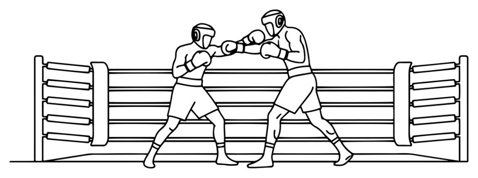 Two professional boxers fighting inside a boxing ring in clean minimalist line art style