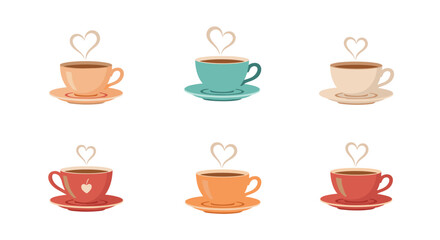 Obraz premium Collection of six colorful coffee and tea cups on matching saucers with heart-shaped steam rising for a warm cozy atmosphere.