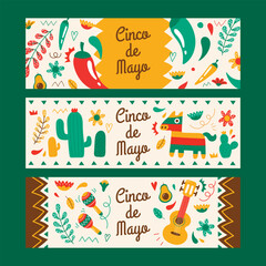 Fototapeta premium Colorful cinco de mayo banners with festive illustrations and lettering