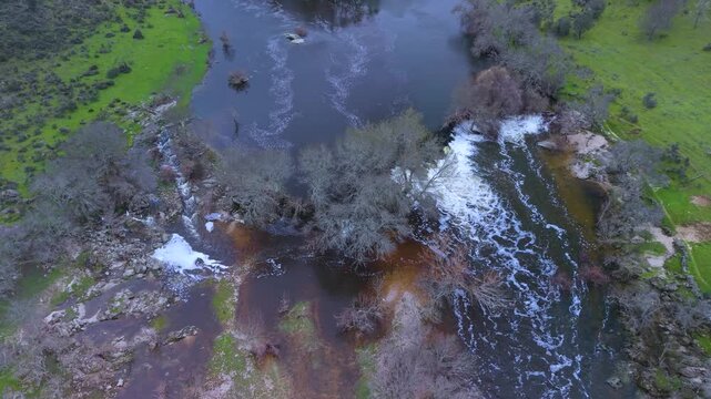 Aerial view from a drone of the confluence of the Huebra and Yeltes Rivers. Yecla de Yeltes. Arribes del Duero Natural Park. Salamanca. Castile and Le&oacute;n. Spain. Europe