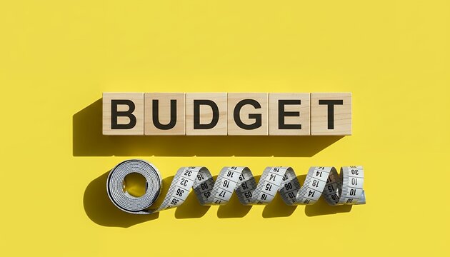 Wooden blocks spelling out BUDGET are arranged with a coiled measuring tape on a vibrant yellow surface conveying financial planning finance money saving cost expense measure