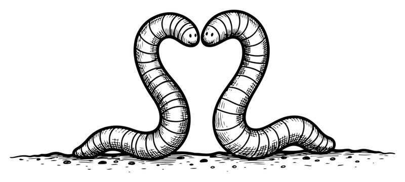 Two worms in love forming a heart shape with their bodies in detailed hand drawn sketch style