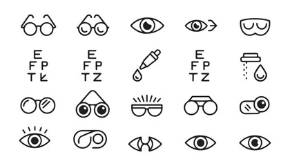 Ophthalmology eye care icons set with vision testing charts glasses and medical optometry tools line vector. © Nayan Arts