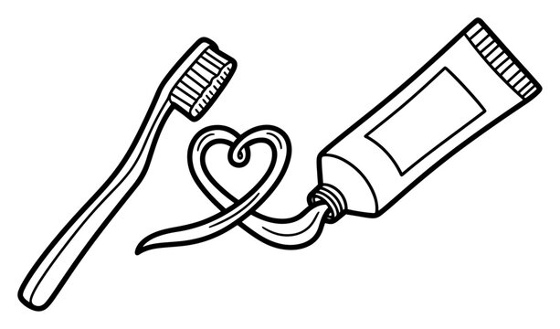 Toothbrush and toothpaste tube with squeezed paste forming a heart shape line art illustration