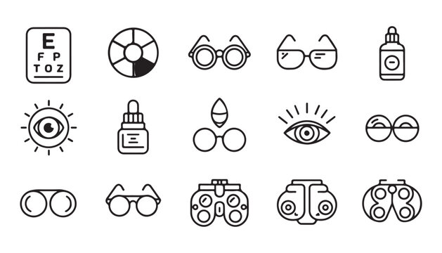 Collection of eye care and vision test related icons for ophthalmology and optometry professions.