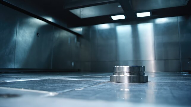 Metallic precision component under inspection on a workbench inside an empty stainless steel lab chamber, illuminated by bright overhead lights for testing and analysis