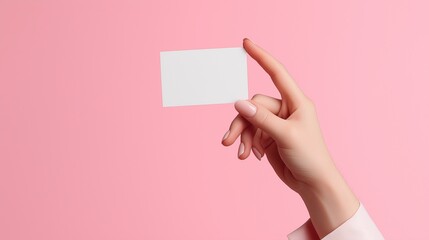 Obraz premium Close-up of a young female hand holding a small white card isolated on pink background