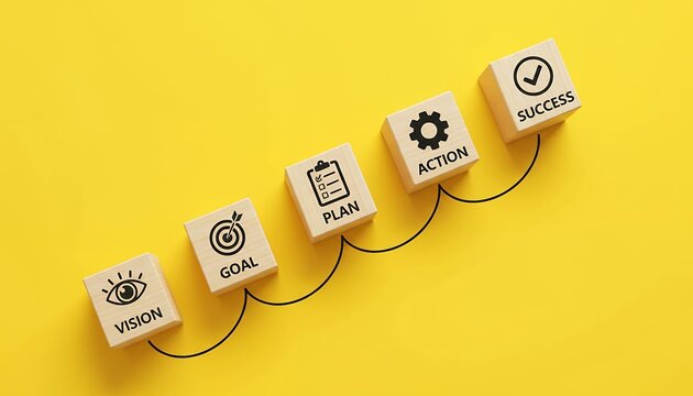 Five wooden blocks arranged diagonally show the steps from vision to goal plan action and finally success with associated icons on a vibrant yellow surface business strategy