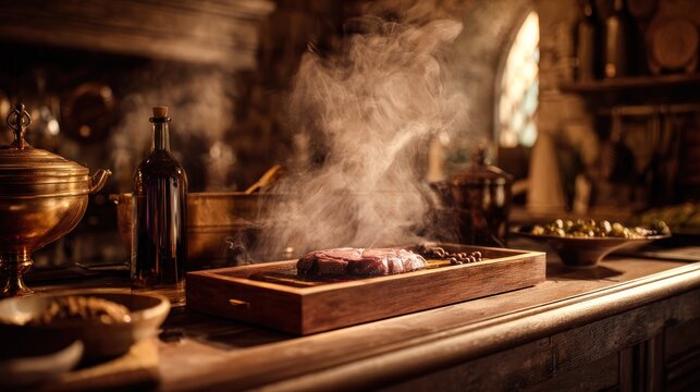 Steaming raw meat rests on a wooden platter surrounded by antique kitchen items in warm light