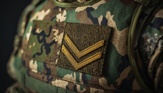 There is a close up of a military uniform with a chevroned patch
