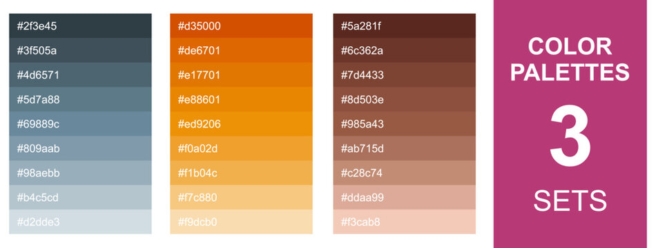 Set of warm color palettes with hex codes featuring slate blue, vibrant orange, and terracotta