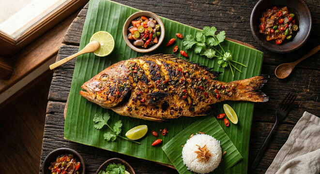 Ikan Bakar Maluku Grilled Spiced Fish on Banana Leaf Dark Wood Charred Golden Overhead Indonesian Seafood