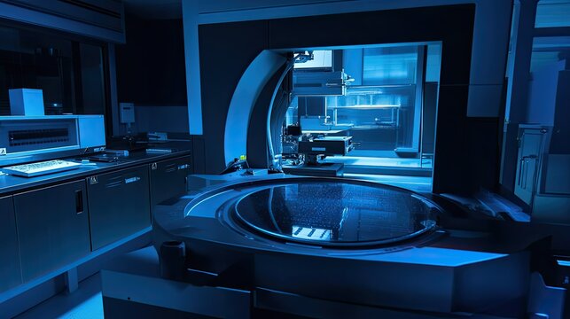 Advanced automated equipment performing lithography and etching processes on silicon wafers for microchip production in a high tech research and electronic component factory environment