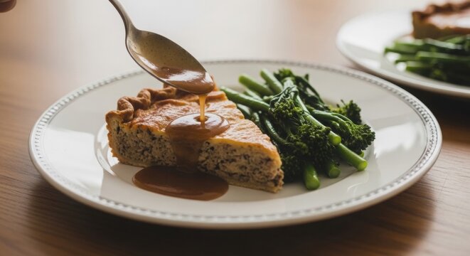 Delicious roasted chicken breast with steamed broccolini and savory sauce on a white plate