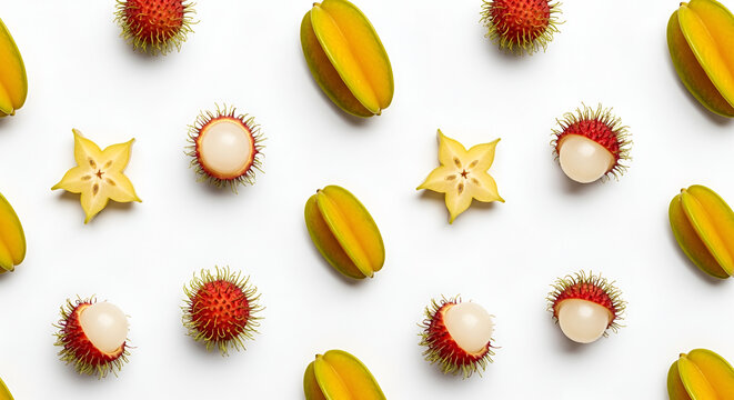 Assortment of exotic tropical fruits including starfruit, rambutan, and carambola arranged in a repeating pattern on a white background, fresh healthy food concept