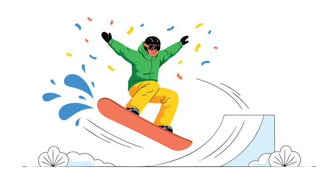 Snowboarder, colorful celebration, winter sports, action icon