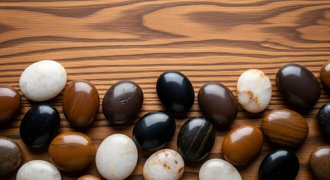 Chocolate stones on the beach and in the water surrounded by seashells and nuts