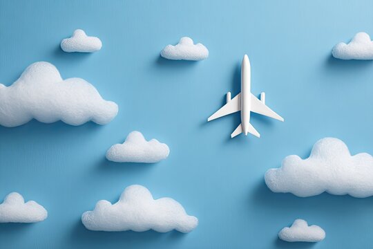 Top-down view of a small white airplane flying among fluffy white clouds against a bright blue background