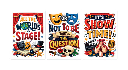 Obraz premium Theatrical posters with famous quotes about stage and performance