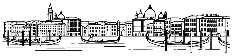 Venice Italy skyline panoramic view with gondolas and historic architecture minimalist line art illustration © Mago