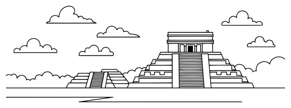 Mayan pyramid of Chichen Itza line art vector illustration showing ancient Mexican Aztec temple and historic ruins