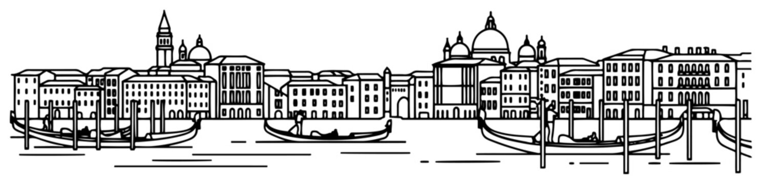 Venice Italy skyline panoramic view with gondolas and historic architecture minimalist line art illustration