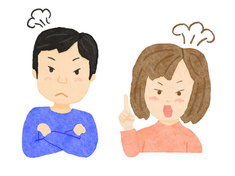 白バックに上半身の女性と男性が喧嘩して怒っているイラスト