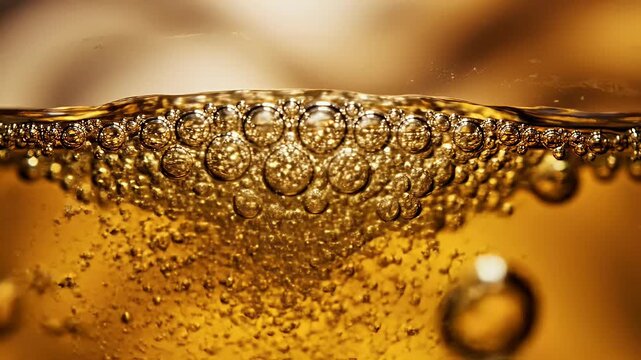 A close-up shot showcases a cascade of golden liquid, forming intricate droplets and patterns as it descends from a metallic spout.